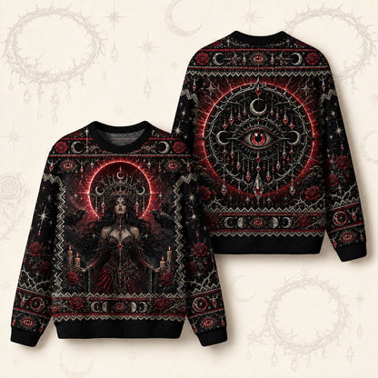 Crimson Halo Goddess Sweater Red Eye Mandala Gothic Knit front and back together