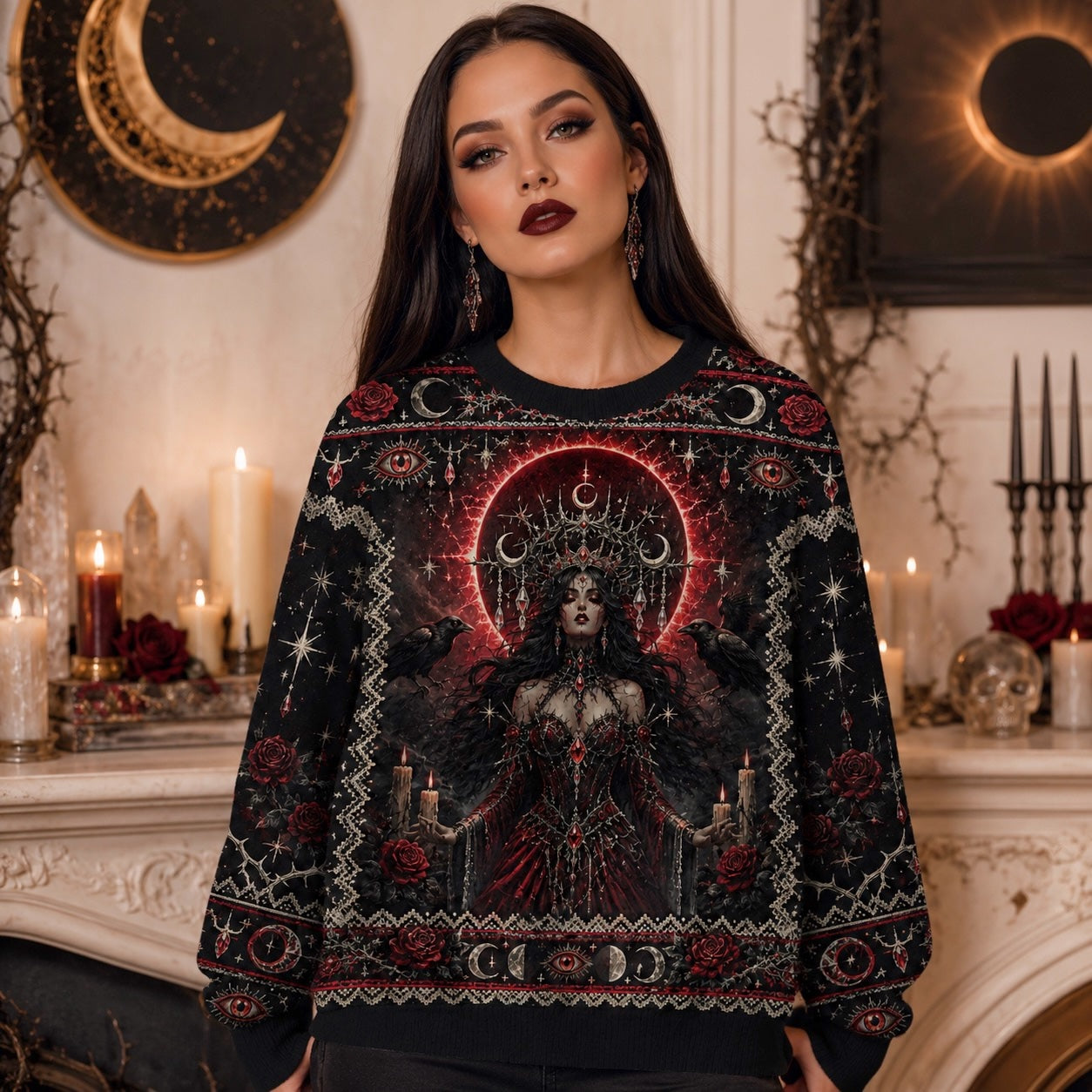 Crimson Halo Goddess Sweater Red Eye Mandala Gothic Knit worn, front view