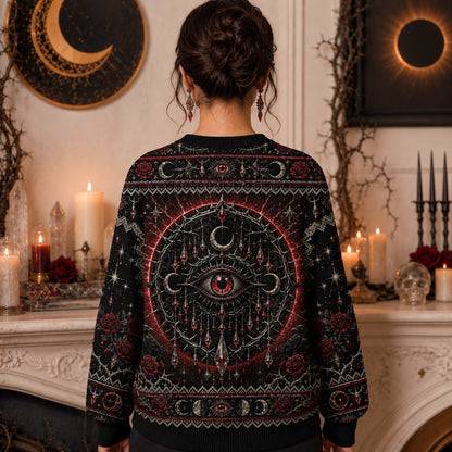 Crimson Halo Goddess Sweater Red Eye Mandala Gothic Knit worn, back view