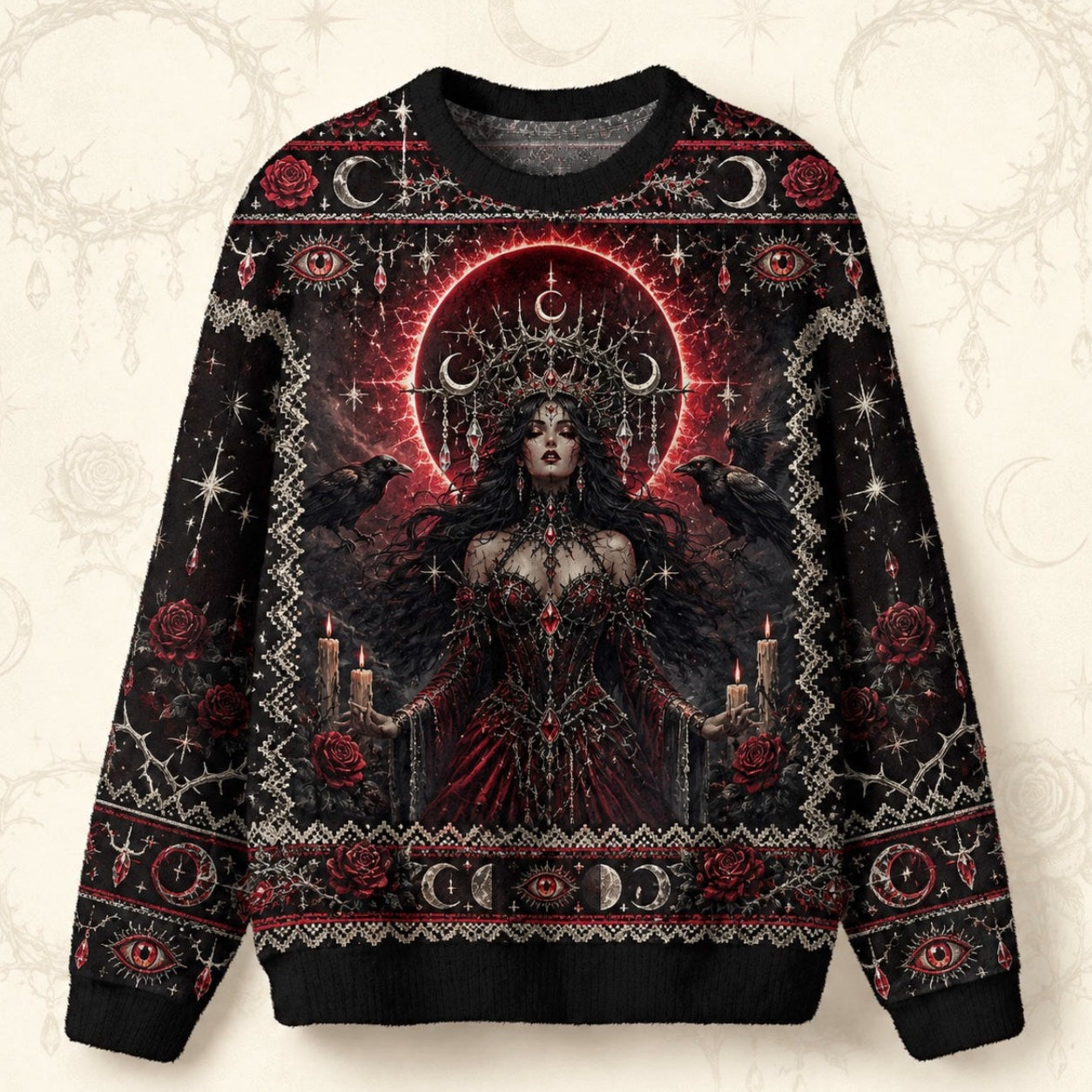 Crimson Halo Goddess Sweater Red Eye Mandala Gothic Knit front view