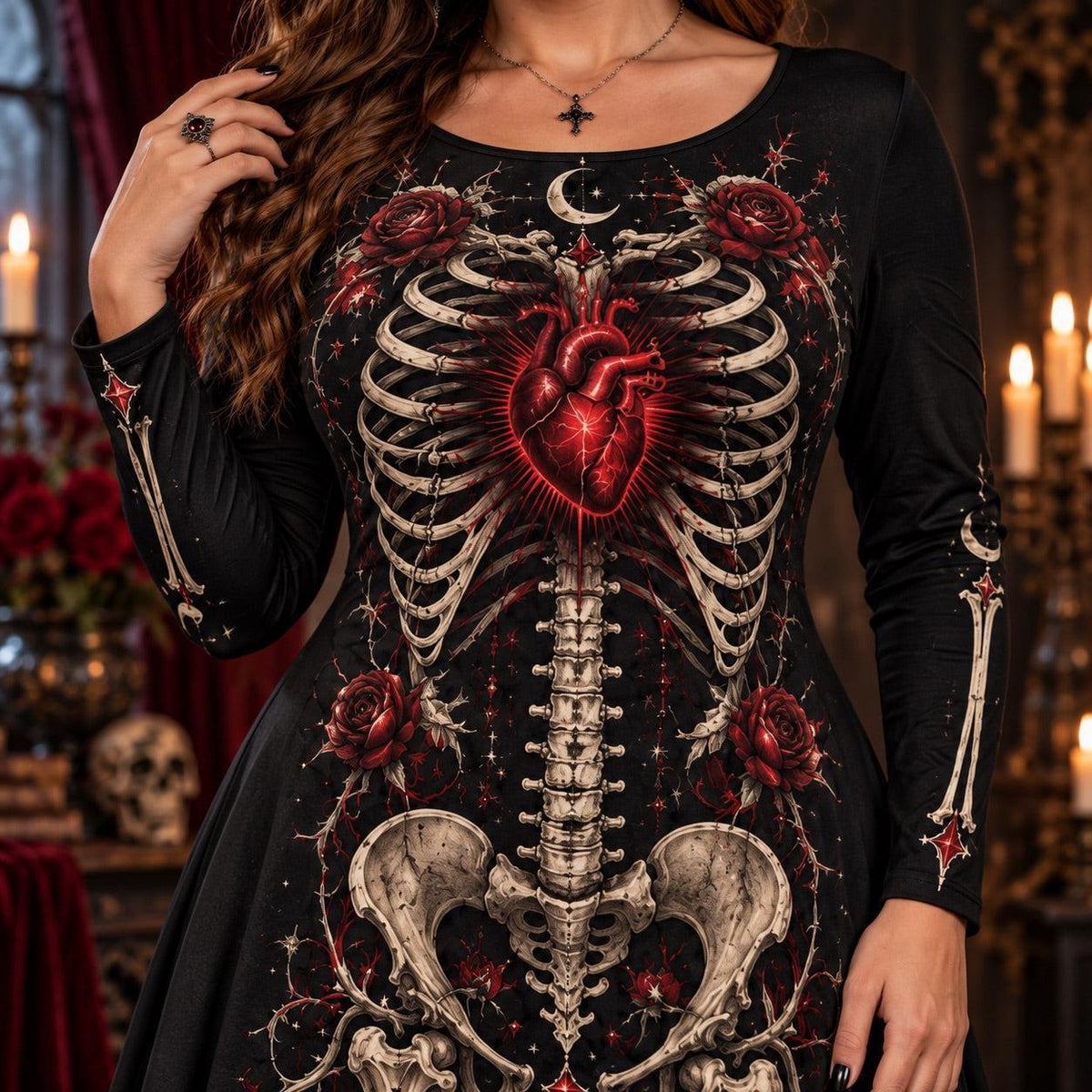 Crimson Heart Skeleton Plus Size Witch Dress – Rose Long Sleeve Maxi – close up of the printed artwork