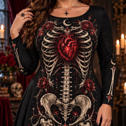 Crimson Heart Skeleton Plus Size Witch Dress – Rose Long Sleeve Maxi – close up of the printed artwork