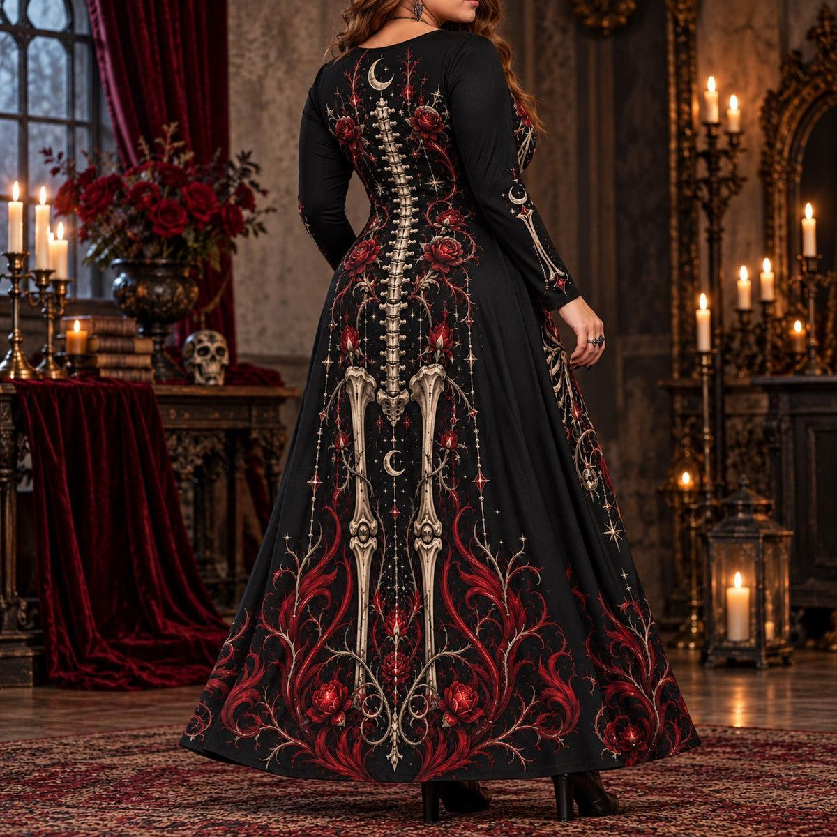 Crimson Heart Skeleton Plus Size Witch Dress – Rose Long Sleeve Maxi – worn, back view