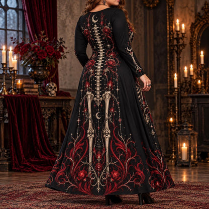 Crimson Heart Skeleton Plus Size Witch Dress – Rose Long Sleeve Maxi – worn, back view