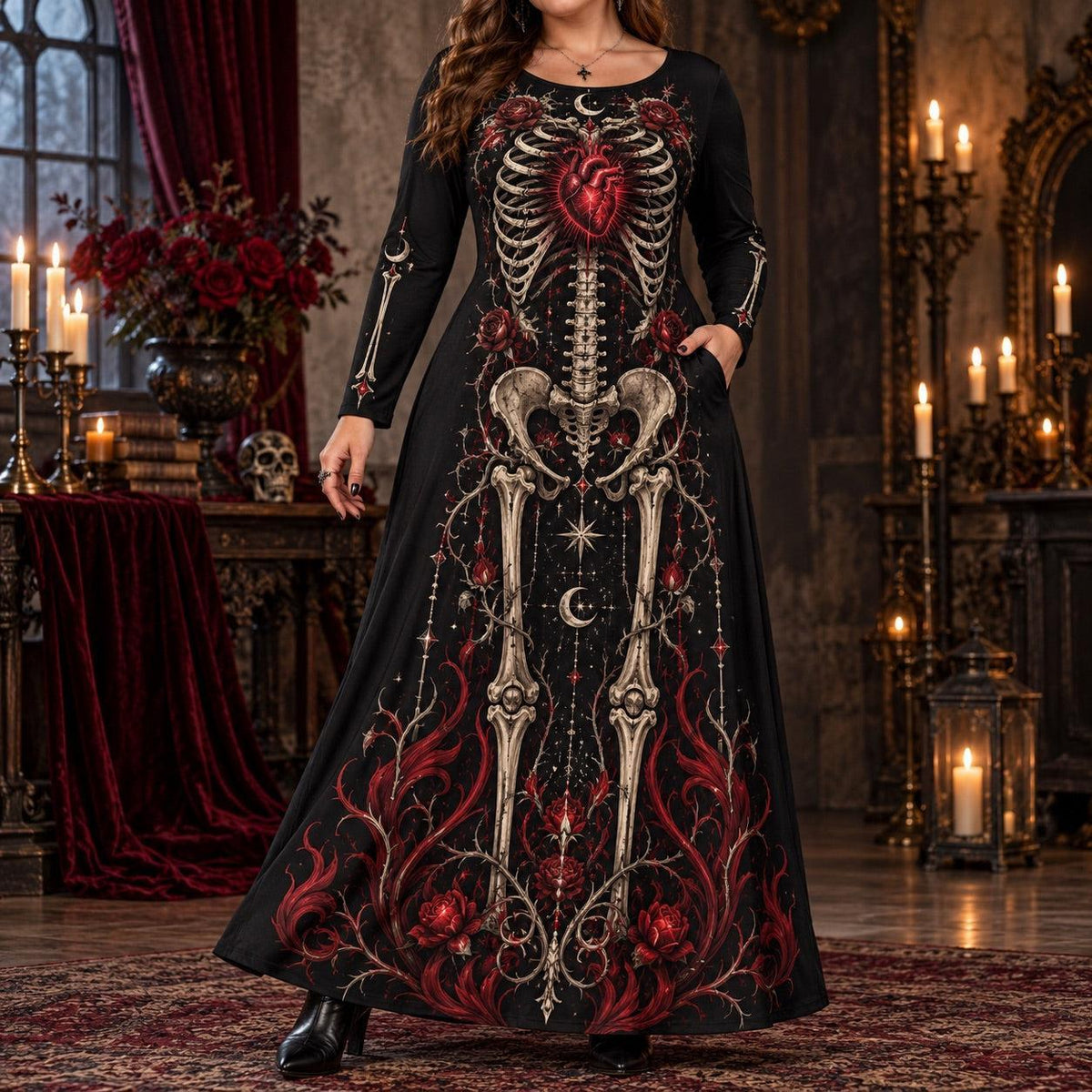 Crimson Heart Skeleton Plus Size Witch Dress – Rose Long Sleeve Maxi – worn, front view