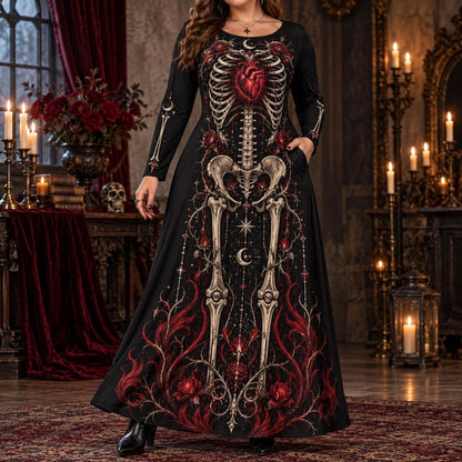 Crimson Heart Skeleton Plus Size Witch Dress – Rose Long Sleeve Maxi – worn, front view