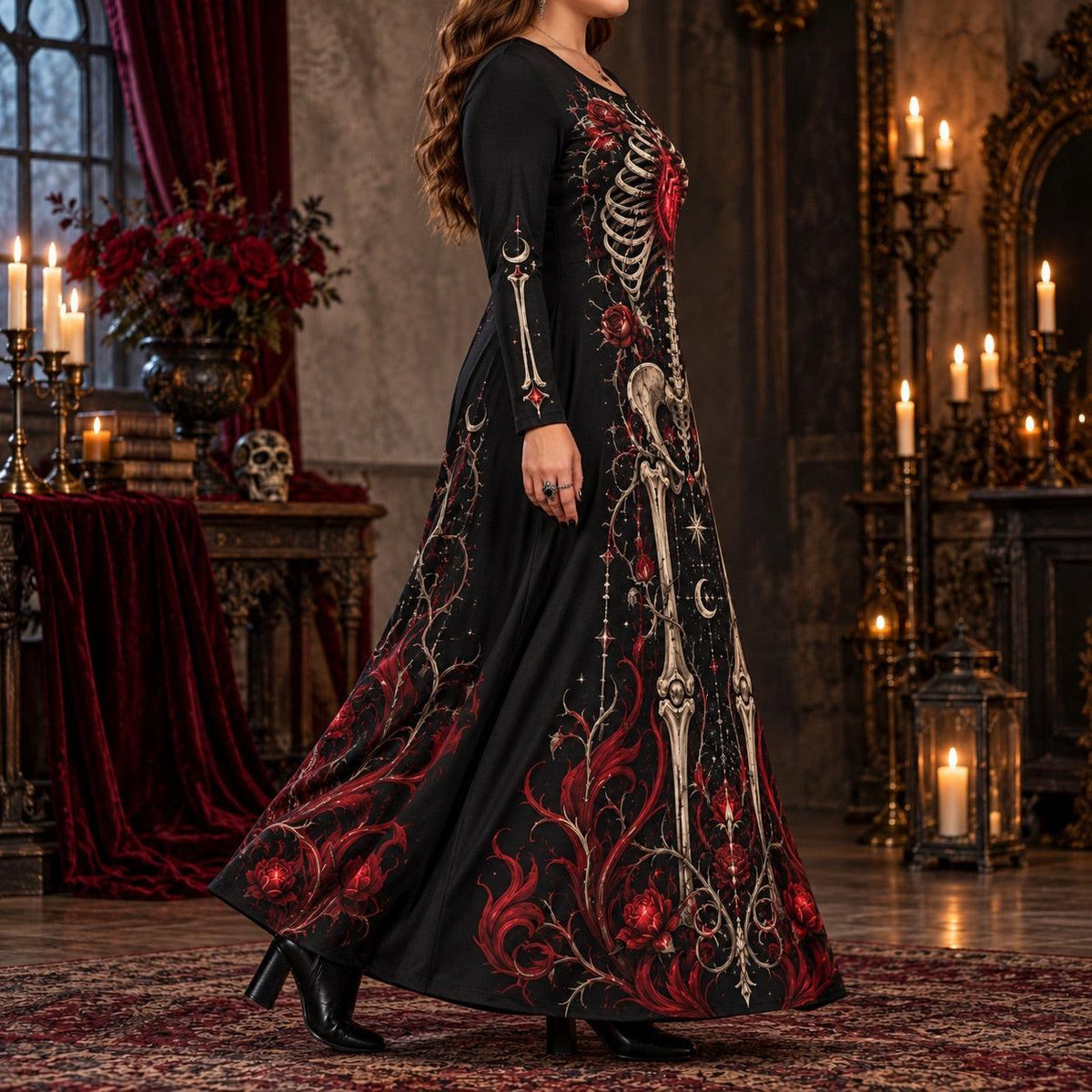 Crimson Heart Skeleton Plus Size Witch Dress – Rose Long Sleeve Maxi – worn, three quarter view