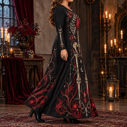 Crimson Heart Skeleton Plus Size Witch Dress – Rose Long Sleeve Maxi – worn, three quarter view