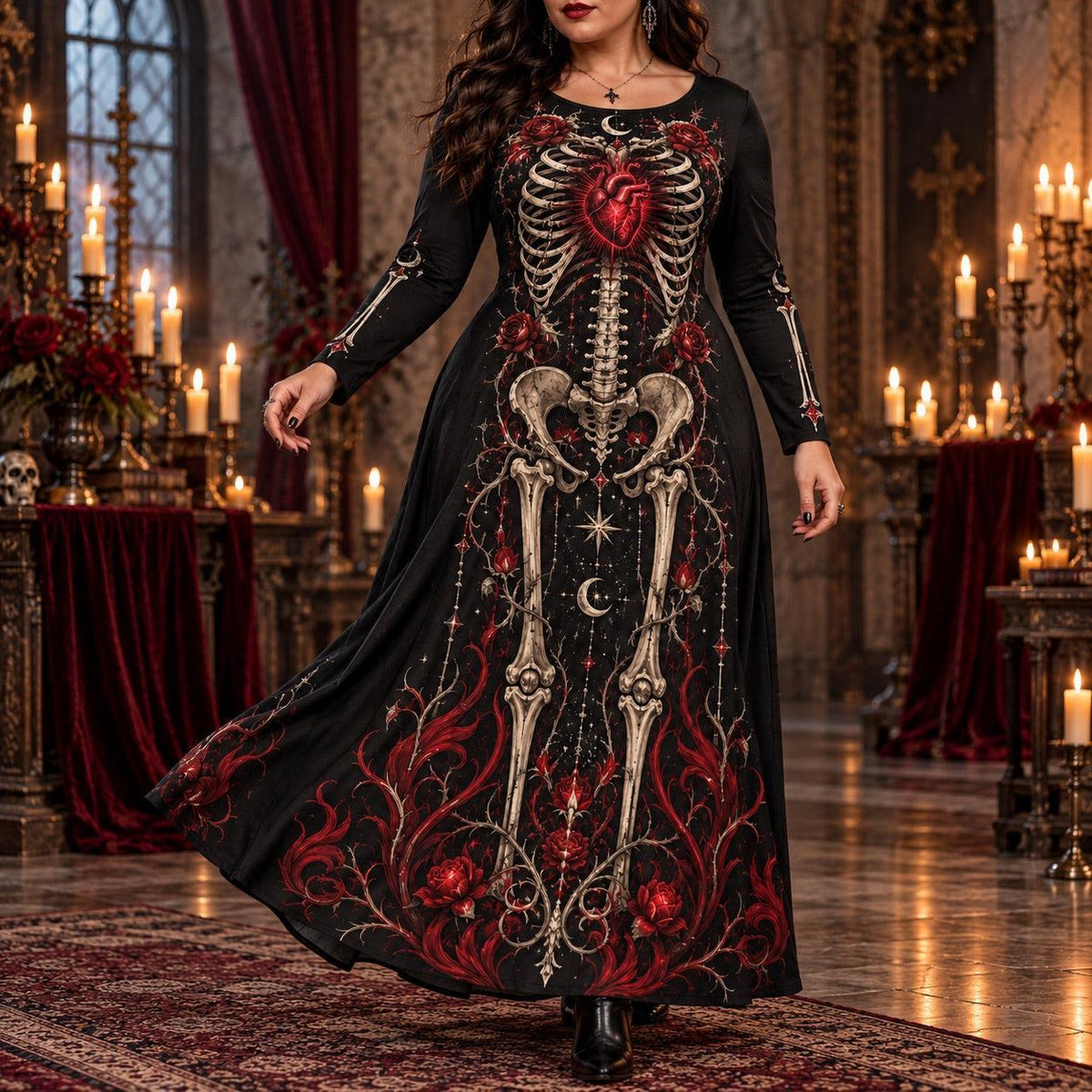Crimson Heart Skeleton Plus Size Witch Dress – Rose Long Sleeve Maxi – worn, in motion
