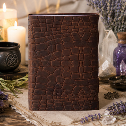 Crocodile texture pentagram leather journal – handmade witch grimoire notebook, textured cover, view 2
