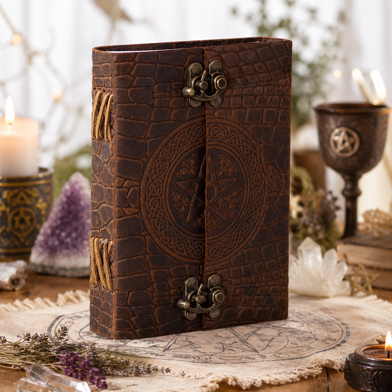 Crocodile texture pentagram leather journal – handmade witch grimoire notebook, textured cover, view 3