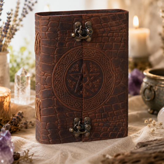Crocodile texture pentagram leather journal – handmade witch grimoire notebook, textured cover, view 1