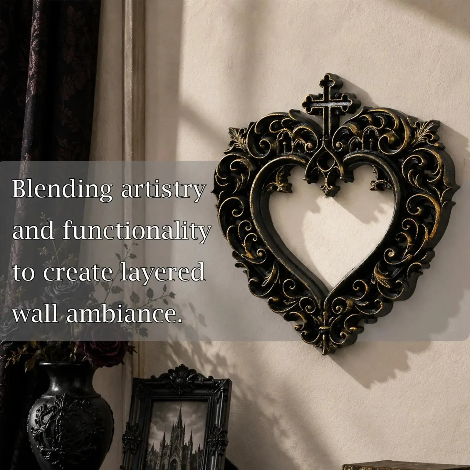 Cross heart photo frame – baroque scroll carved detail close-up