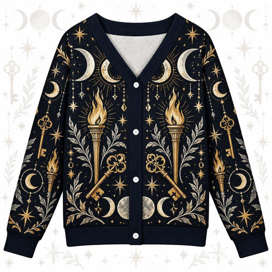 Crossed Keys Torch Hecate Cardigan for Women Triple Moon Pagan Sweater, front view