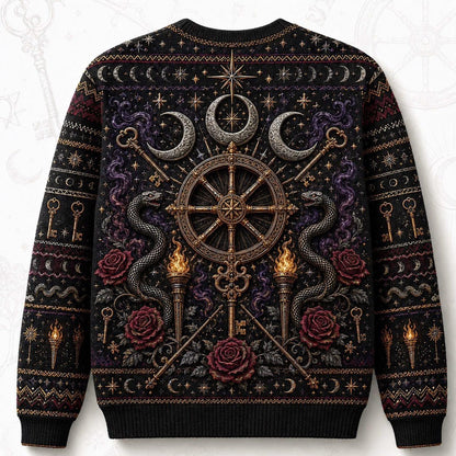 Witch Wheel Sweater Crossed Key Torch Rose Crossroads Knit back view