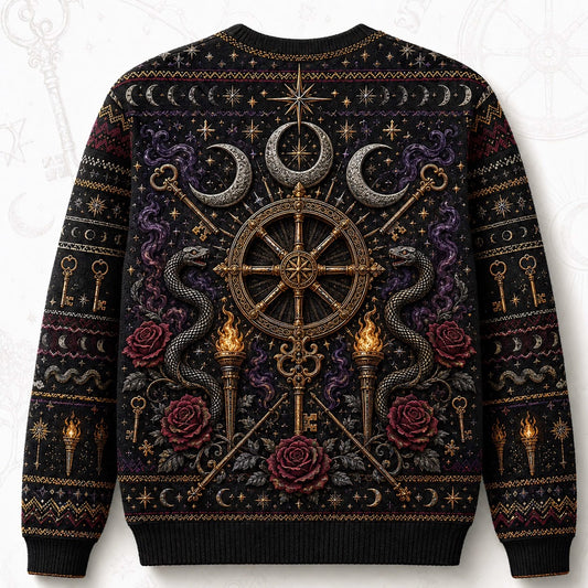 Witch Wheel Sweater Crossed Key Torch Rose Crossroads Knit back view