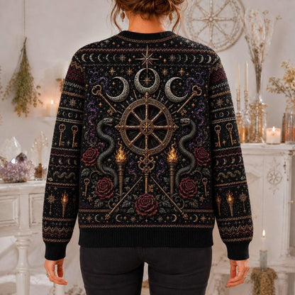 Witch Wheel Sweater Crossed Key Torch Rose Crossroads Knit worn, back view