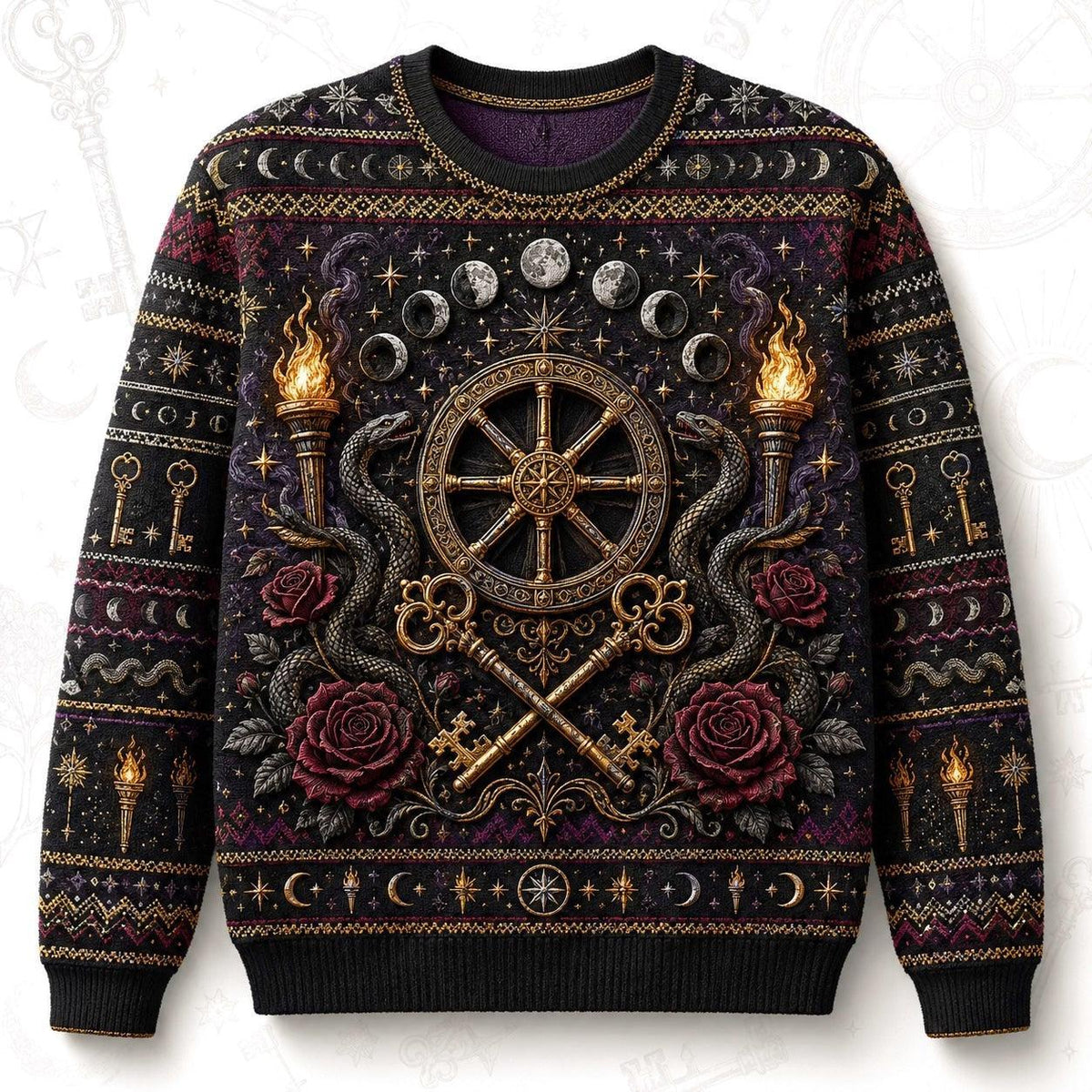 Witch Wheel Sweater Crossed Key Torch Rose Crossroads Knit front view