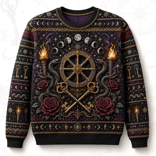 Witch Wheel Sweater Crossed Key Torch Rose Crossroads Knit front view
