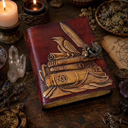 Crow feather leather journal with brass lock – handmade witch grimoire, raven spirit Pagan writing, view 2