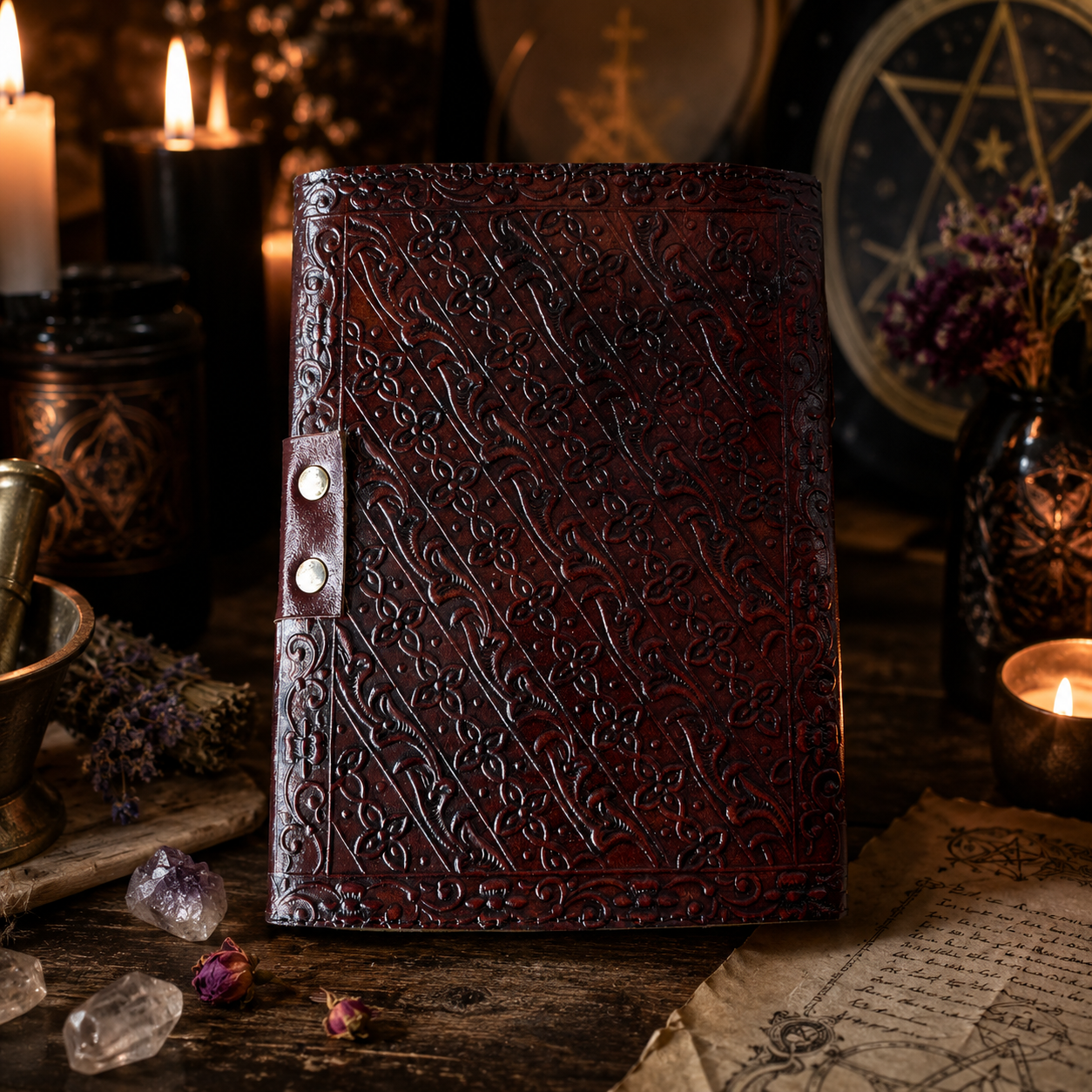 Crow feather leather journal with brass lock – handmade witch grimoire, raven spirit Pagan writing, view 3