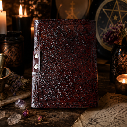 Crow feather leather journal with brass lock – handmade witch grimoire, raven spirit Pagan writing, view 3