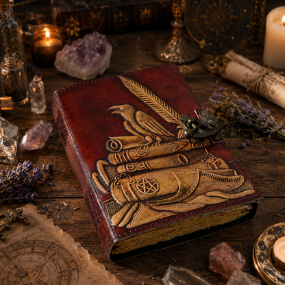 Crow feather leather journal with brass lock – handmade witch grimoire, raven spirit Pagan writing, view 4