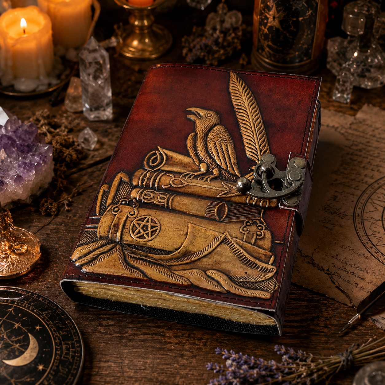 Crow feather leather journal with brass lock – handmade witch grimoire, raven spirit Pagan writing, view 1