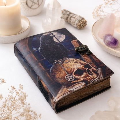Crow Skull Printed Leather Journal – Witch Book of Shadows Deckle Pages – leather journal, back cover view
