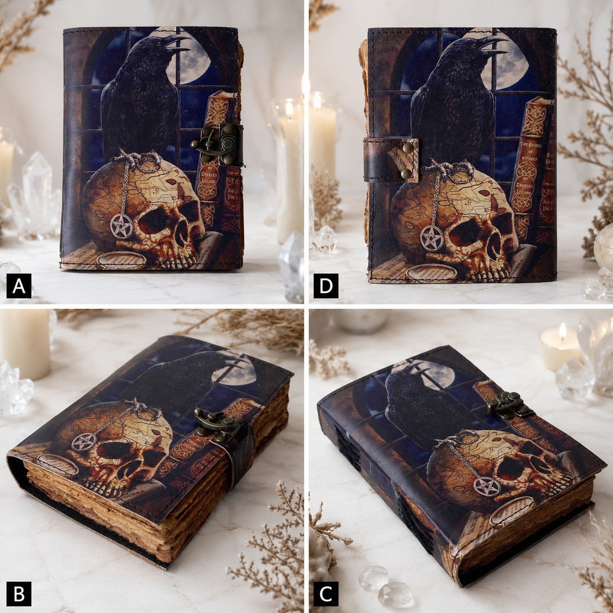 Crow Skull Printed Leather Journal – Witch Book of Shadows Deckle Pages – leather journal, open blank pages view
