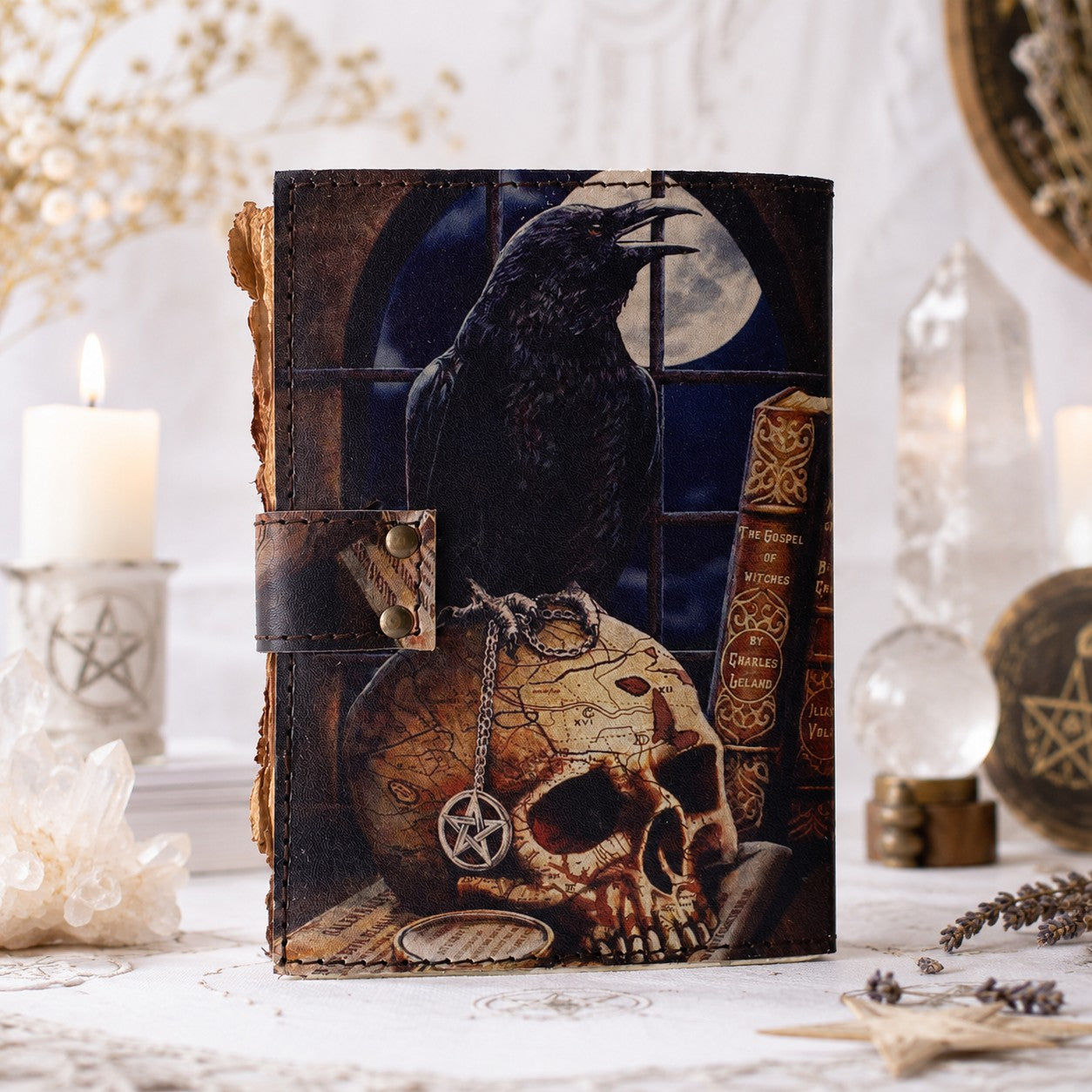 Crow Skull Printed Leather Journal – Witch Book of Shadows Deckle Pages – leather journal, close-up cover detail