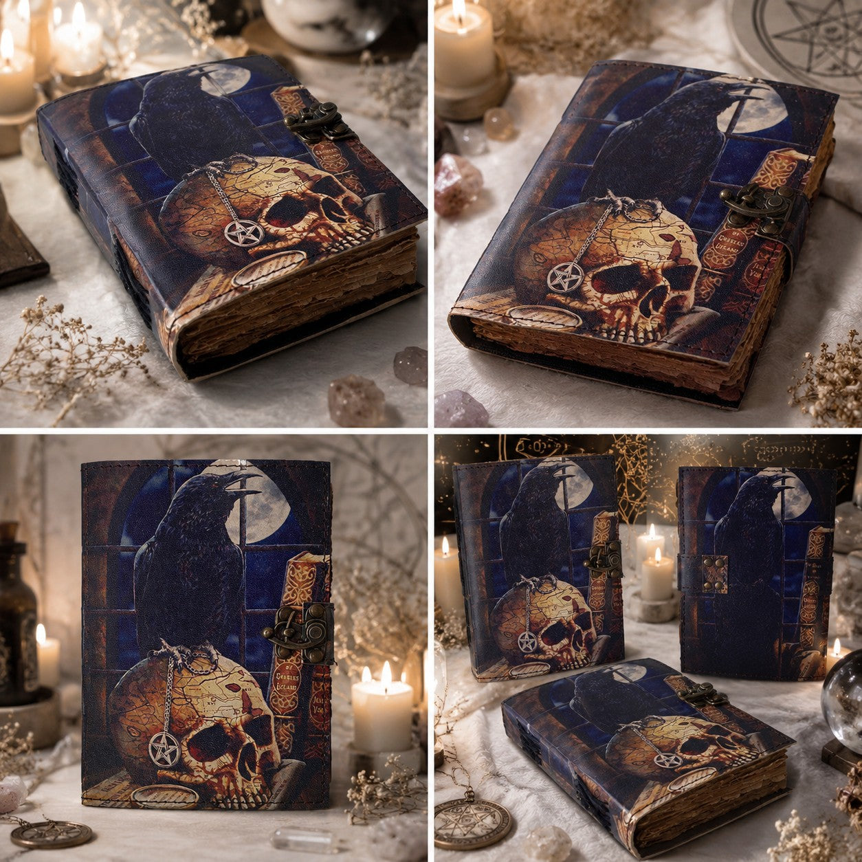 Crow Skull Printed Leather Journal – Witch Book of Shadows Deckle Pages – leather journal, size and scale view