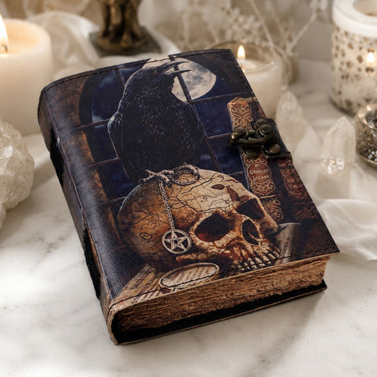 Crow Skull Printed Leather Journal – Witch Book of Shadows Deckle Pages – leather journal, front cover view