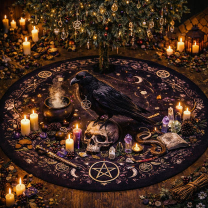 Dark gothic velvet Yule tree skirt with a raven, skull, pentacle, and celestial symbols.