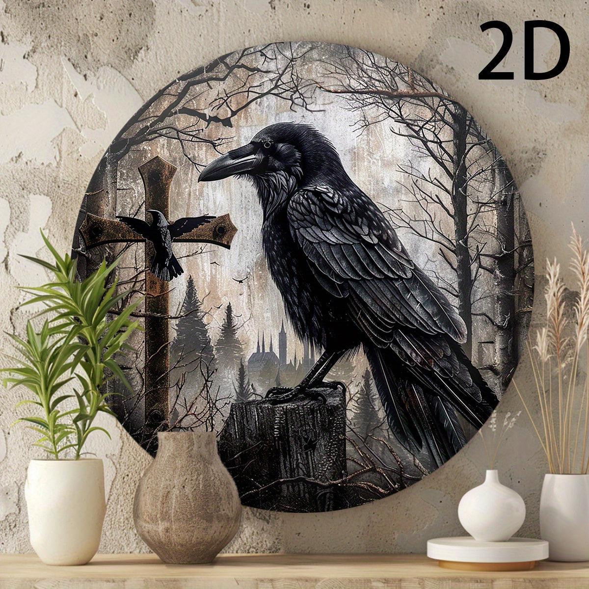 Crow and Cross Metal Sign Witchy Raven Metal Sign Gothic Home Decor-MoonChildWorld