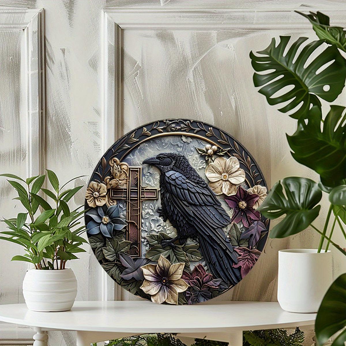 Crow and Cross Metal Sign Witchy Raven Metal Sign Gothic Home Decor-MoonChildWorld