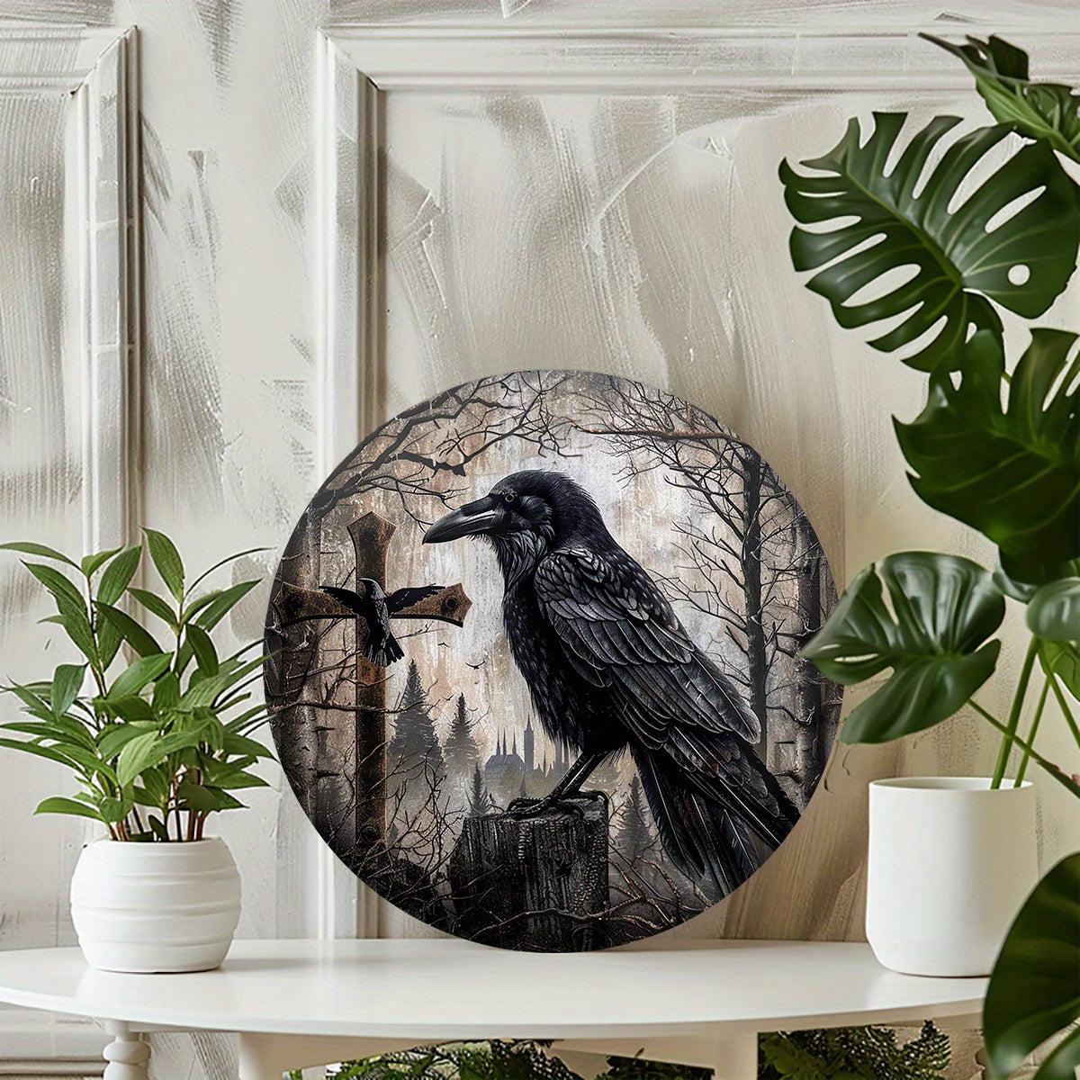 Crow and Cross Metal Sign Witchy Raven Metal Sign Gothic Home Decor-MoonChildWorld