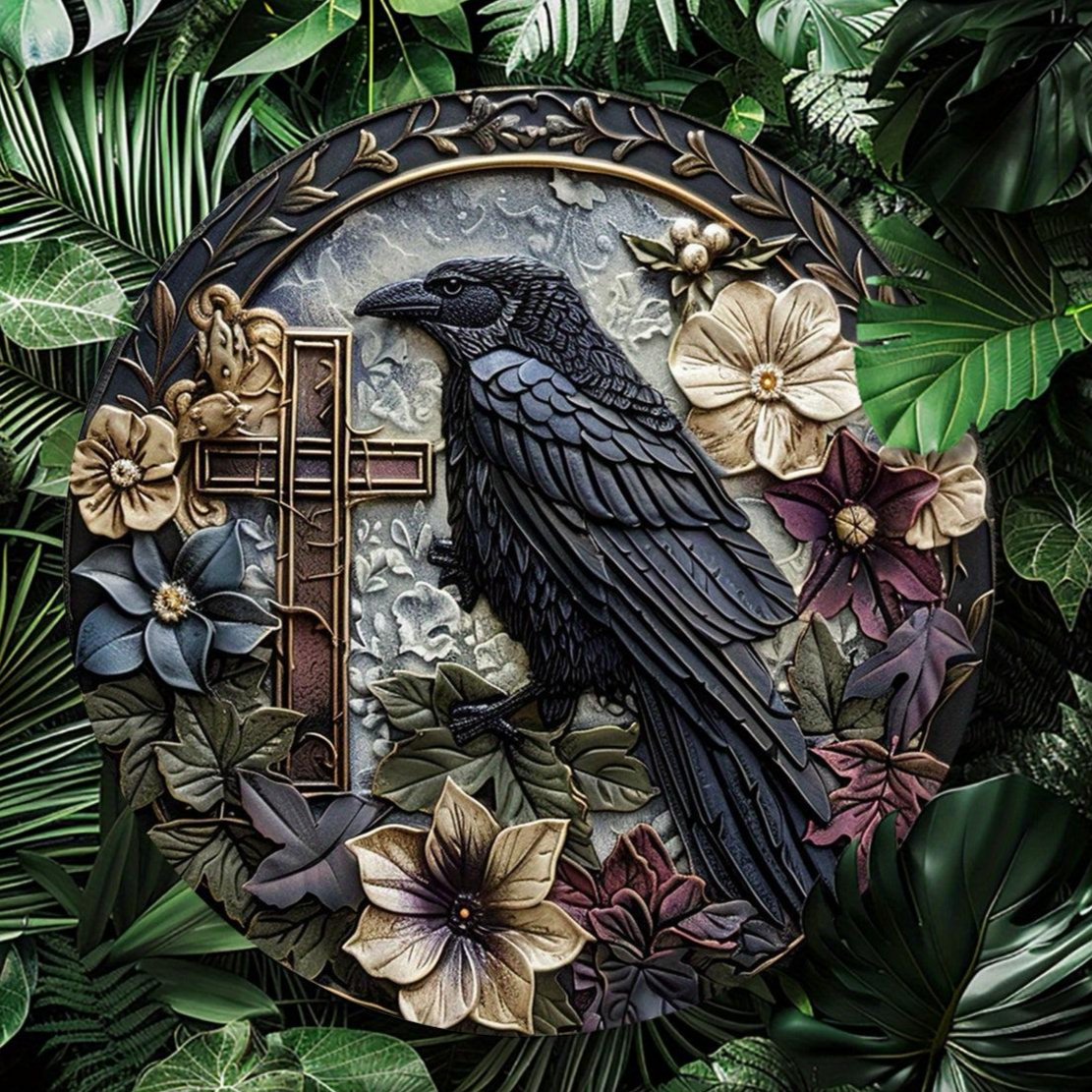 Crow and Cross Metal Sign Witchy Raven Metal Sign Gothic Home Decor-MoonChildWorld