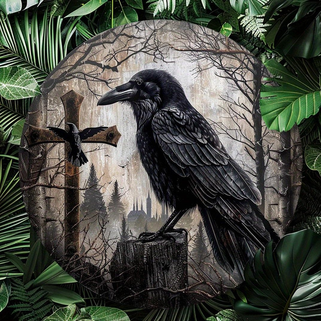 Crow and Cross Metal Sign Witchy Raven Metal Sign Gothic Home Decor-MoonChildWorld