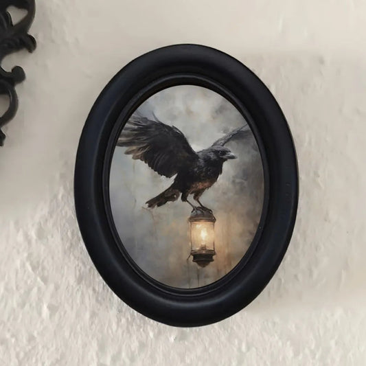 Crow on Lantern Oval Frame Wall Decoration – close-up detail