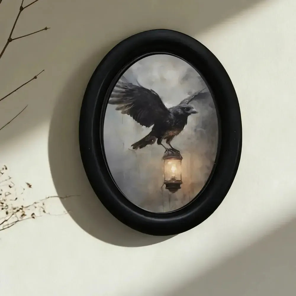Crow on Lantern Oval Frame Wall Decoration – back view