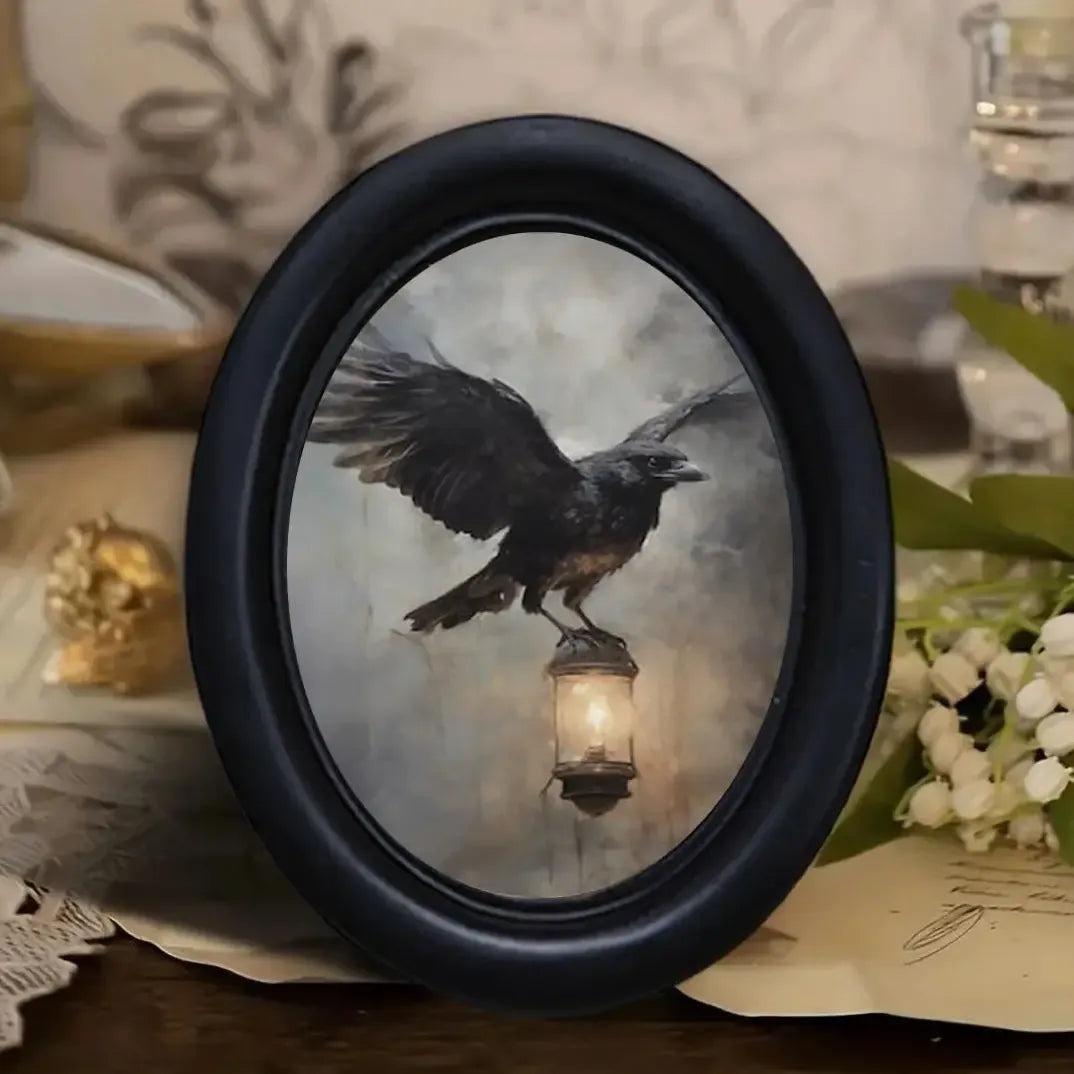 Crow on Lantern Oval Frame Wall Decoration – front view