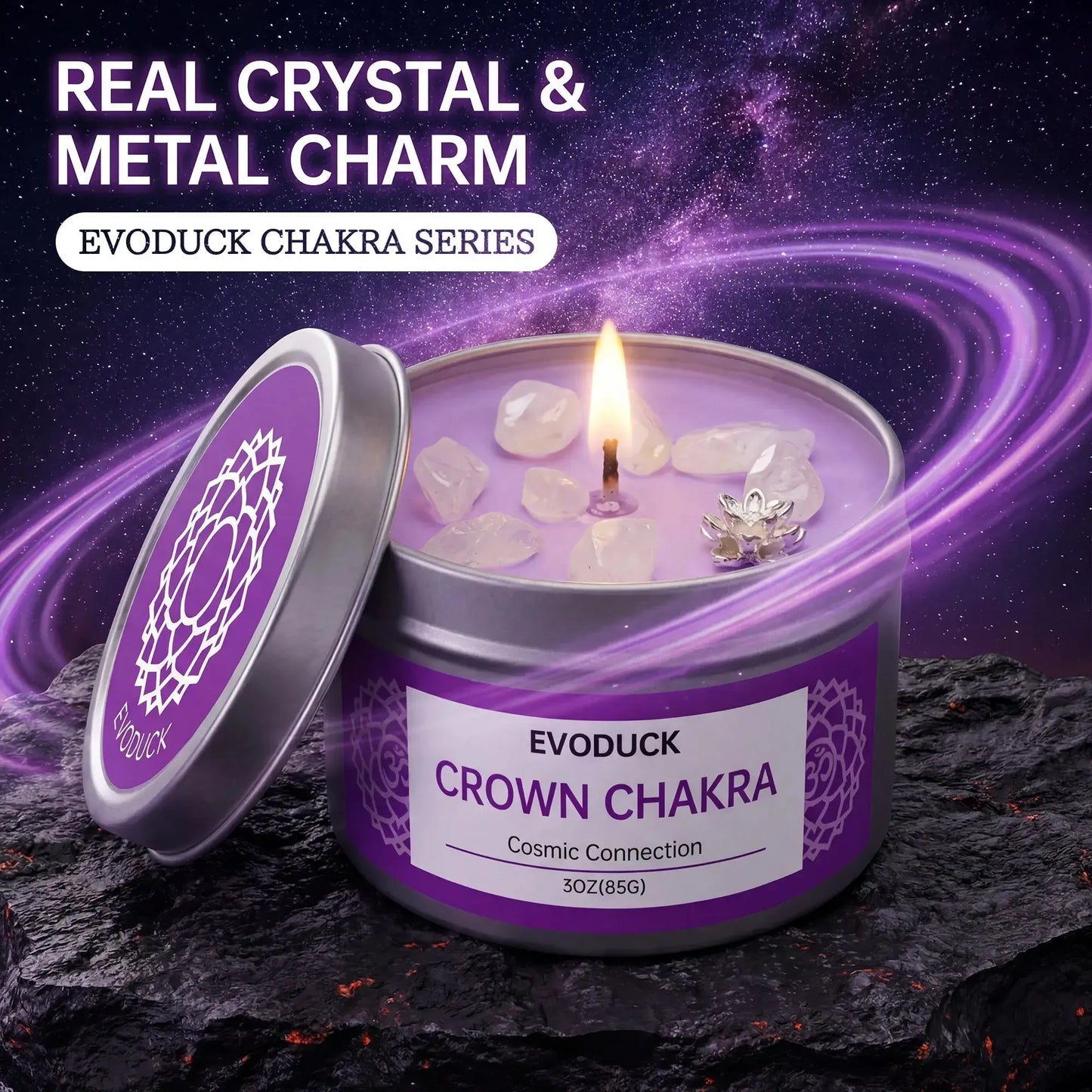 Crown Chakra candle with real crystal and metal lotus charm