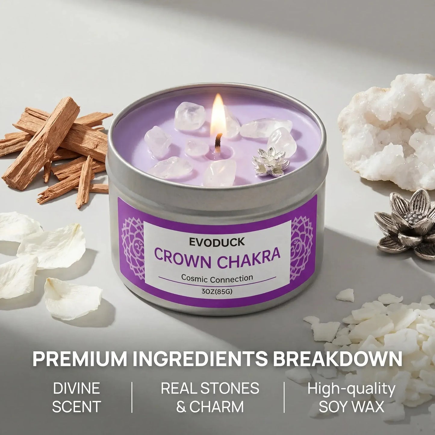 Crown Chakra candle premium ingredients: divine scent, real stones and charm, soy wax
