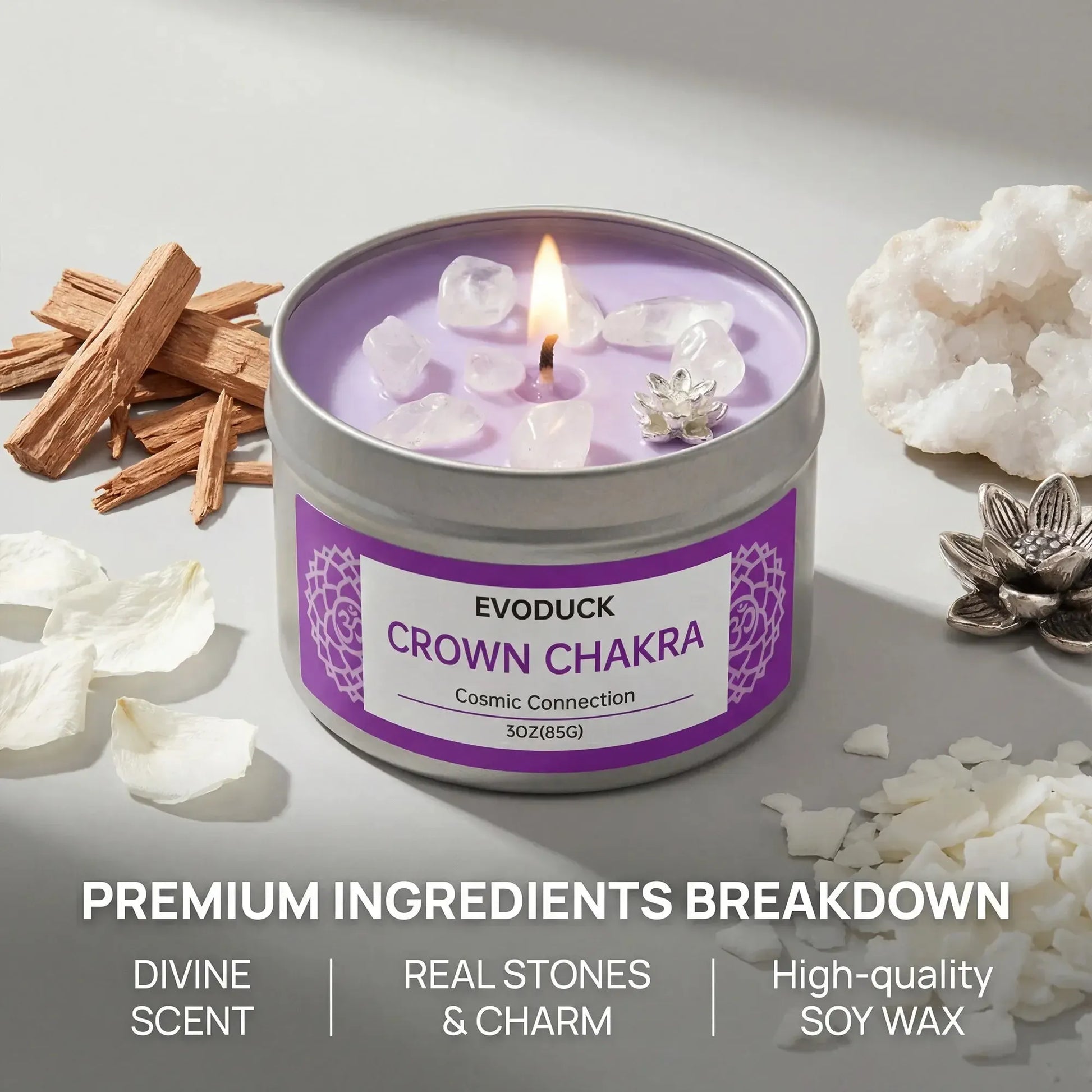 Crown Chakra candle premium ingredients: divine scent, real stones and charm, soy wax