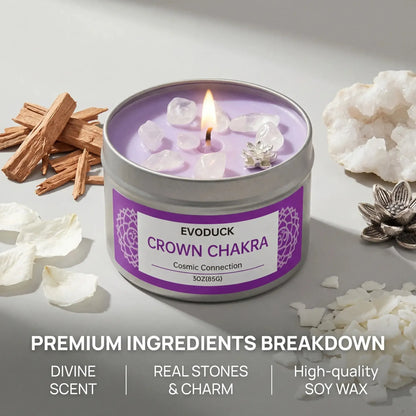 Crown Chakra candle premium ingredients: divine scent, real stones and charm, soy wax