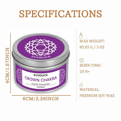 Crown Chakra candle specifications: wax weight, burn time, soy wax material, and size