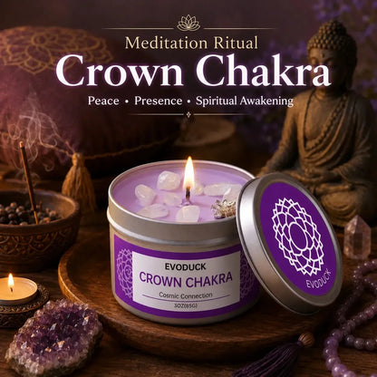 Crown Chakra sandalwood candle with amethyst crystals for meditation ritual