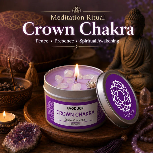 Crown Chakra sandalwood candle with amethyst crystals for meditation ritual