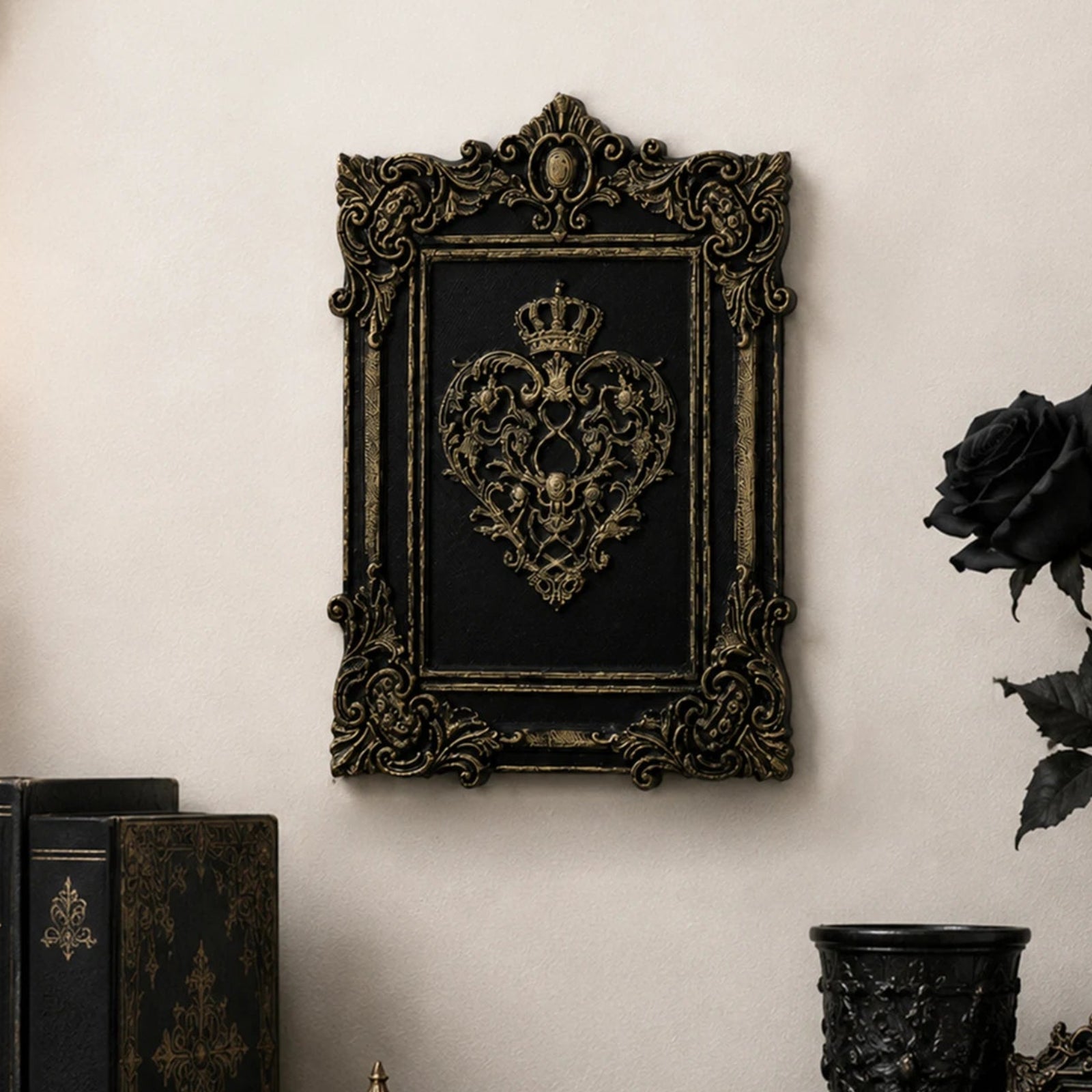 Crown heart relief wall plaque – baroque gothic wall art decor, front view